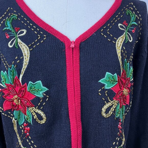 Tiara International Women's Black Red Cardigan Sweater Embroidered Sz L - Picture 6 of 8